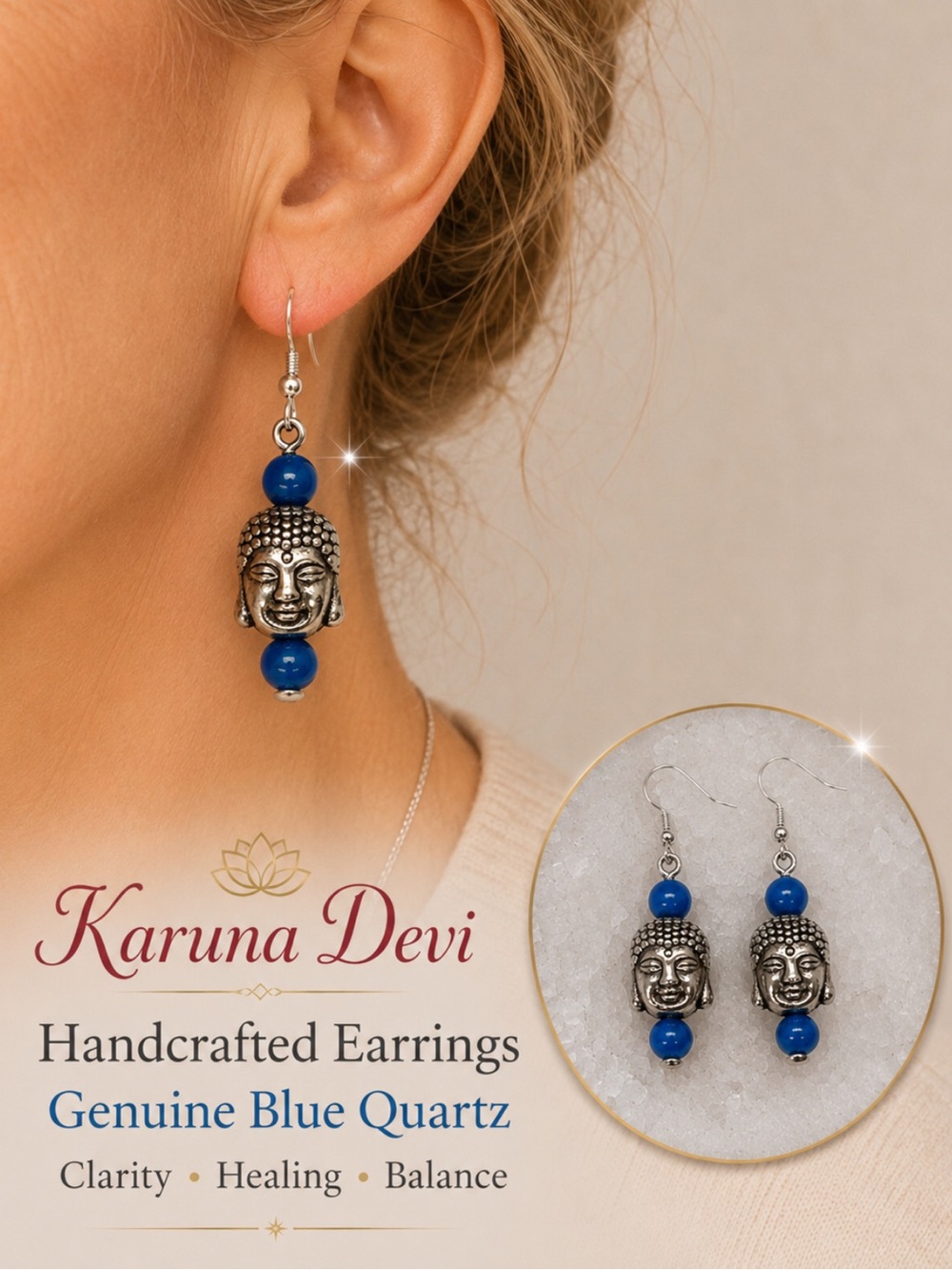 Silver Buddha Drop Earrings with Blue Quartz Stone Beads